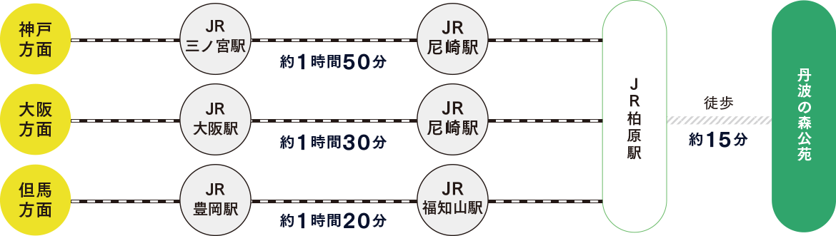 神戸方面からはJR三ノ宮駅、JR尼崎駅を経由、大阪方面からはJR大阪駅、JR尼崎駅を経由、但馬方面からはJR豊岡駅、JR福知山駅を経由。各駅からJR柏原駅へ。